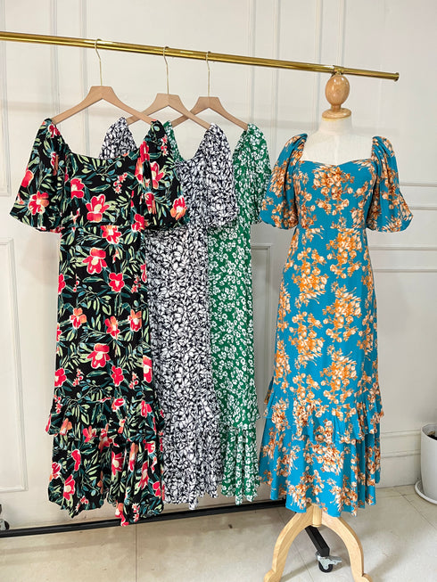 Summer Floral Puffer Sleeves Long Tiered Maxi Dress